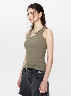 EMPTY PAGE黑/白/绿色弹性分割不对称修身型背心打底衫