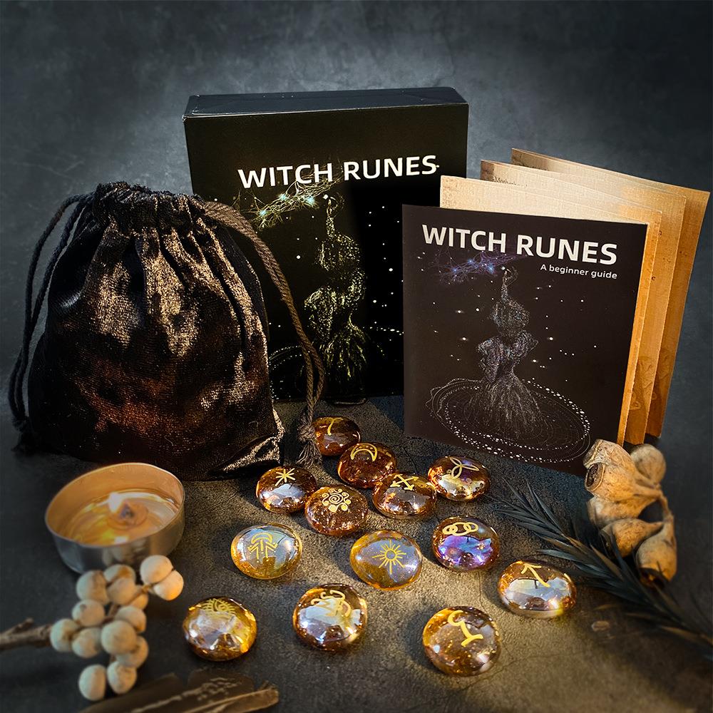2024新款Witch Runes琉璃雕刻女巫字母符号铭文石13片冥想卢恩文