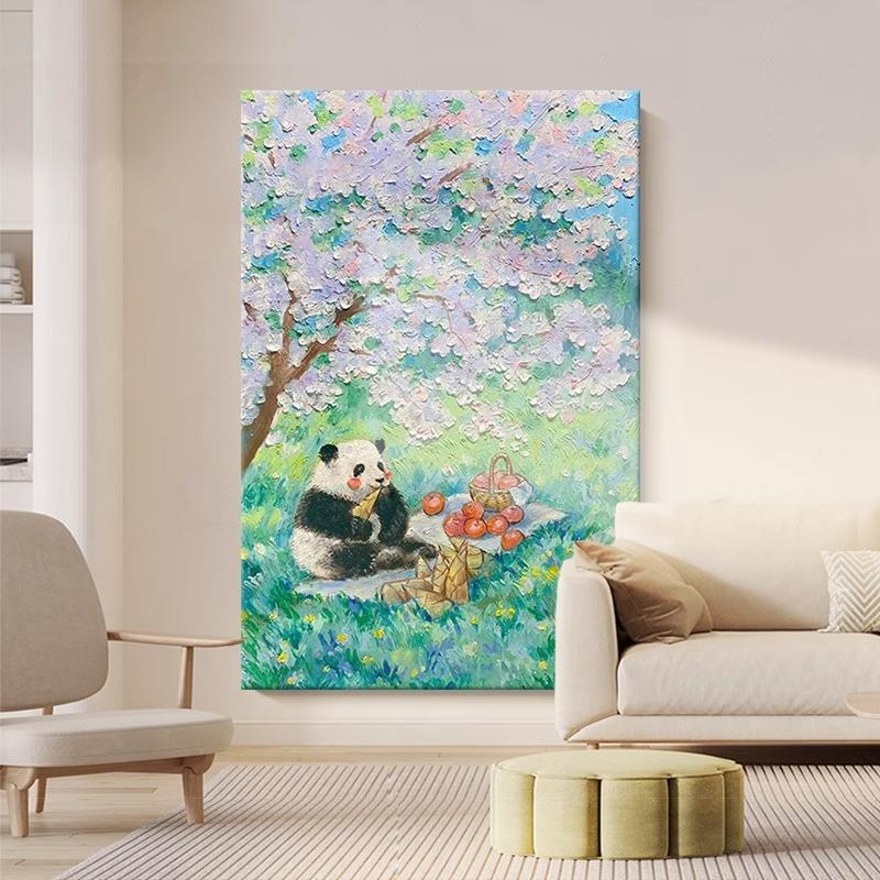 抽象风景卡通大熊猫客厅艺术装饰画法式奶油风儿童房花卉温馨挂画图片
