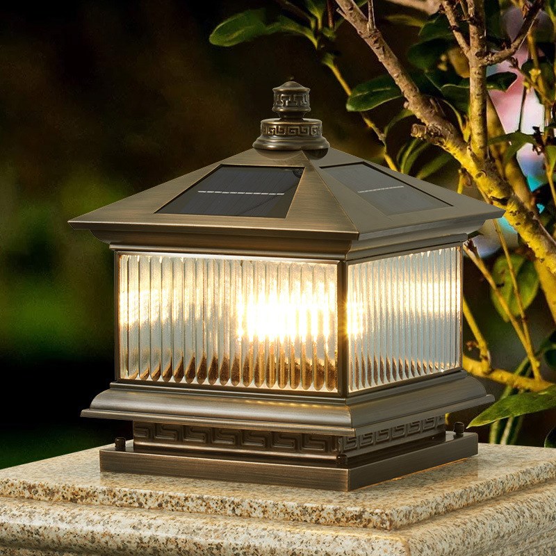 太阳能柱头灯全铜新中式别墅大门接电两用户外庭院围墙防水柱子灯