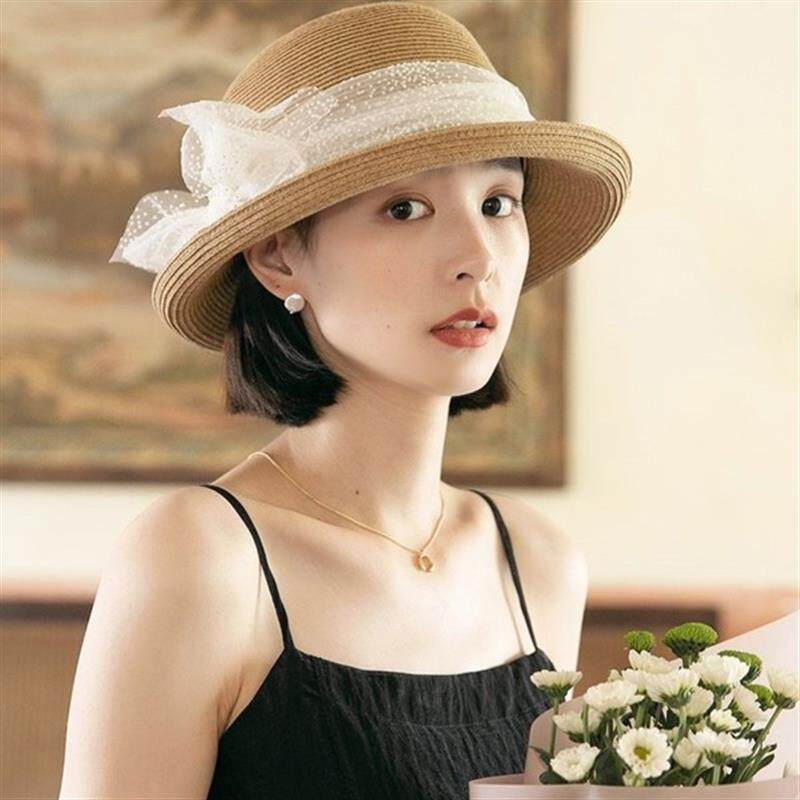 法国小众草帽女夏季蕾丝遮阳帽防晒帽日系百搭遮脸卷边草编帽子潮