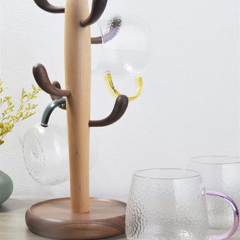 创意仙人掌黑胡桃水杯收纳架木制杯子酒杯马克杯沥水架厨房置物架