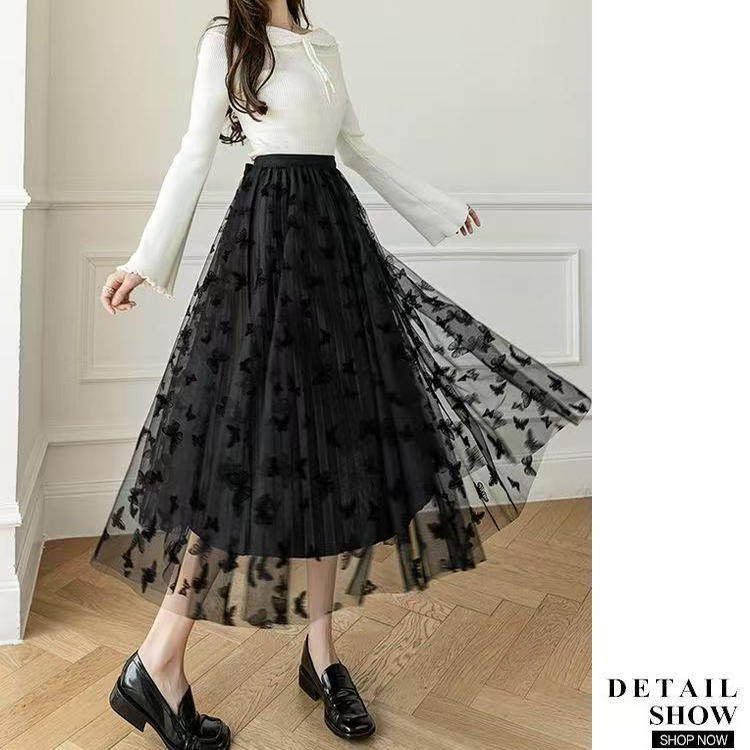 纱裙女碎花半身裙仙女裙百褶A字裙中长款高腰显瘦网纱裙长裙短裙