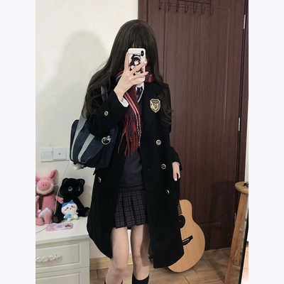 东京岁时记jk大衣校供毛呢外套女学院风长款黑色毛绒大衣津南女大