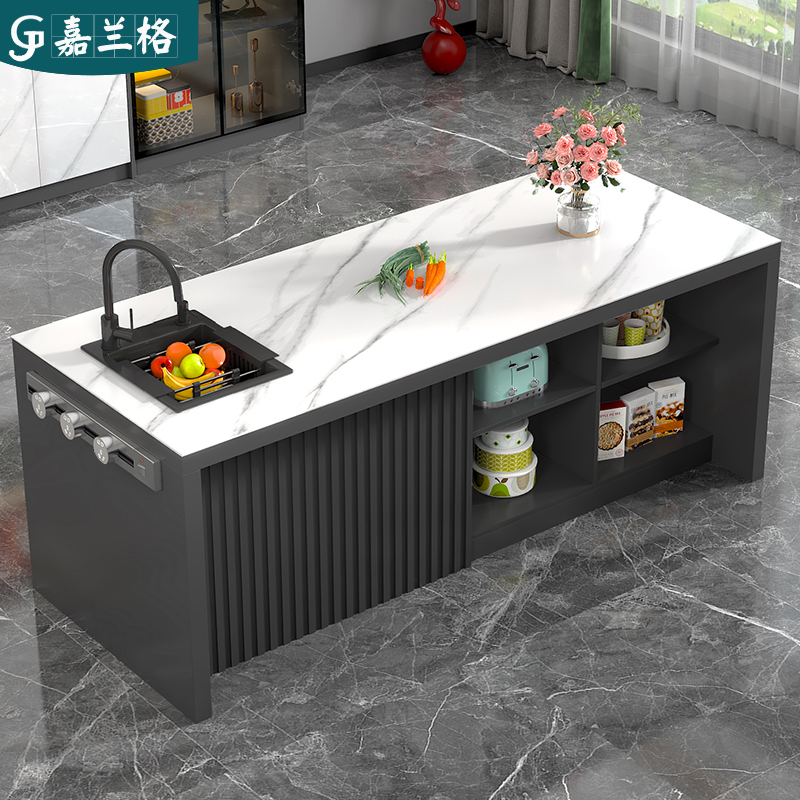 轻奢岩板岛台餐桌一体吧台柜开放式厨房中岛台茶桌多功能料理台柜