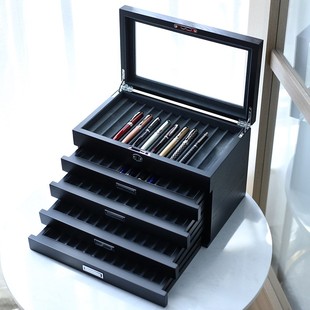 木质高档钢笔盒收纳展示柜大容量名笔收藏箱绒布内衬60支装陈列盒