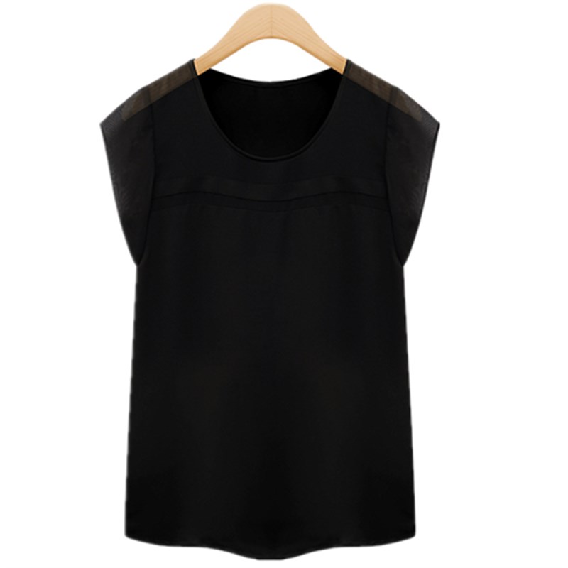 雪纺上衣拼接女宽松大码雪纺衫休闲圆领白色雪纺T恤夏装短袖小衫