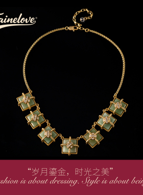 中古风镀金天然石镶嵌方形项链