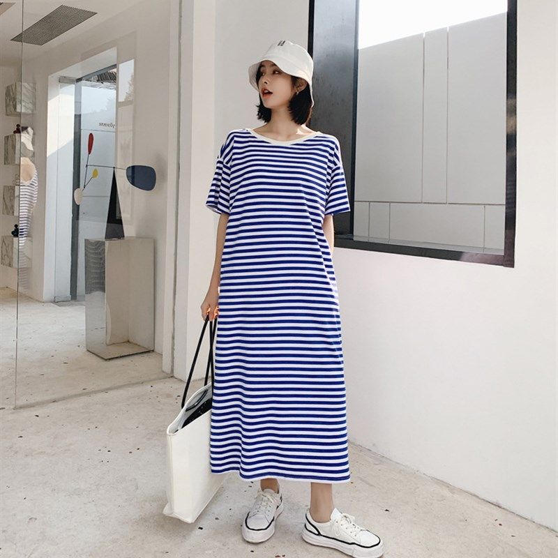 亮眼海军蓝条纹短袖睡裙夏季长款宽松大码休闲口袋外穿纯棉睡衣女