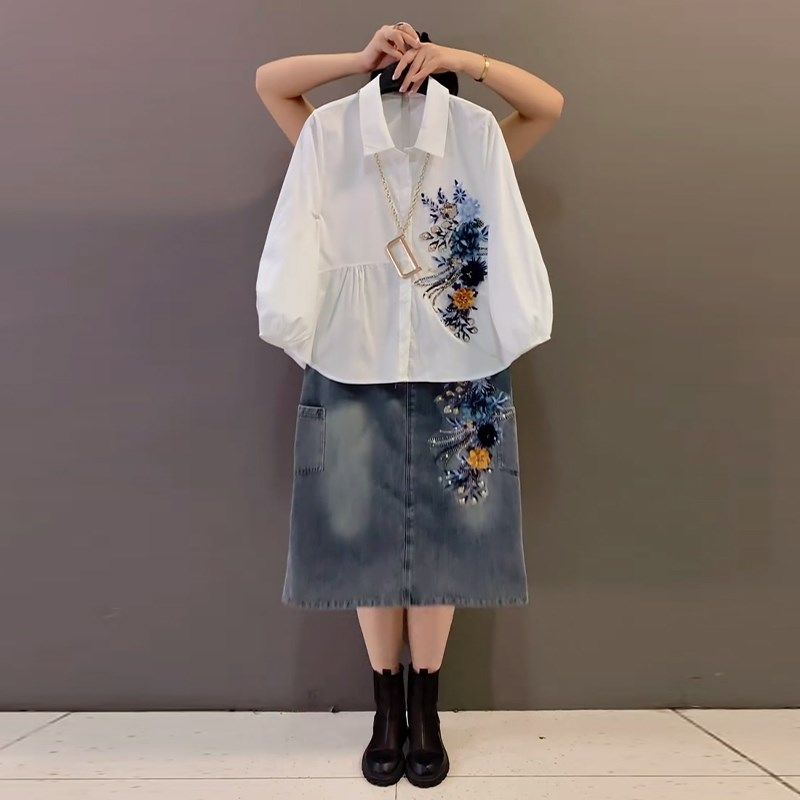 加肥大码女装显瘦翻领松紧显瘦短袖衬衫胖妹妹宽松花朵牛仔半身裙