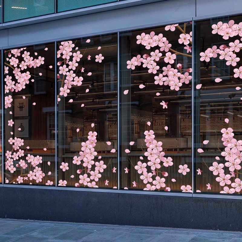 春季樱花玻璃装饰贴纸商场超市门口推拉门春天花瓣装扮静电五角贴
