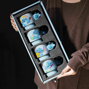 迪士尼史迪仔马克杯蓝陶瓷喝水杯办公室儿童套装礼盒送人卡通风