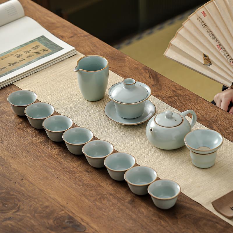 天青汝窑盖碗茶壶家用陶瓷泡茶茶杯喝茶轻奢高档整套功夫茶具套装