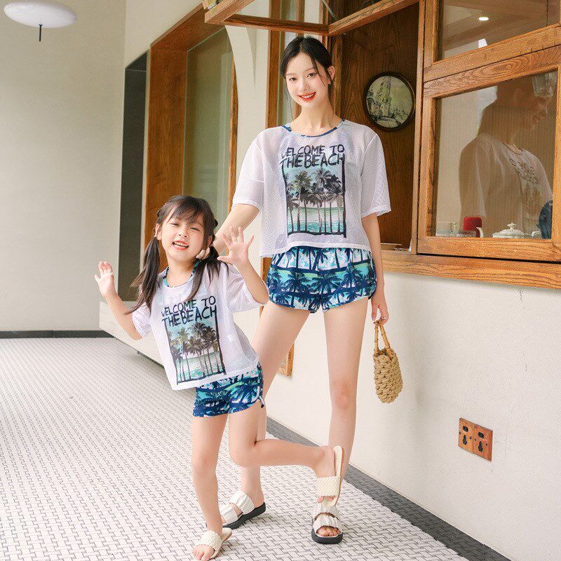亲子泳衣时尚母女泳装 沙滩度假儿童泳衣 分体宽松罩衫平角裤保守