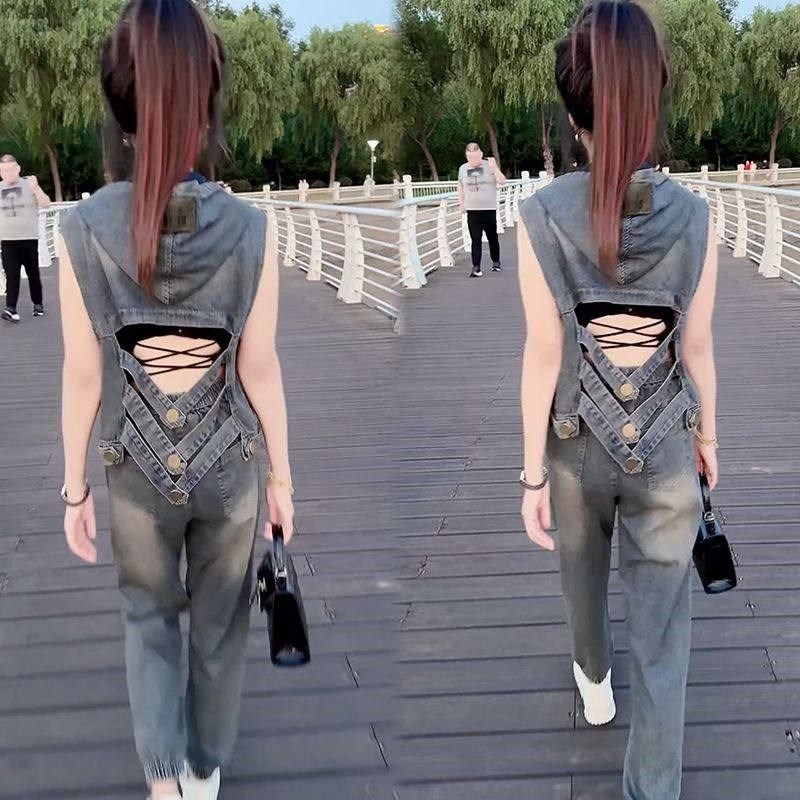 时尚牛仔套装女秋季新款2024ins宽松大码马甲长裤网红显瘦两件套