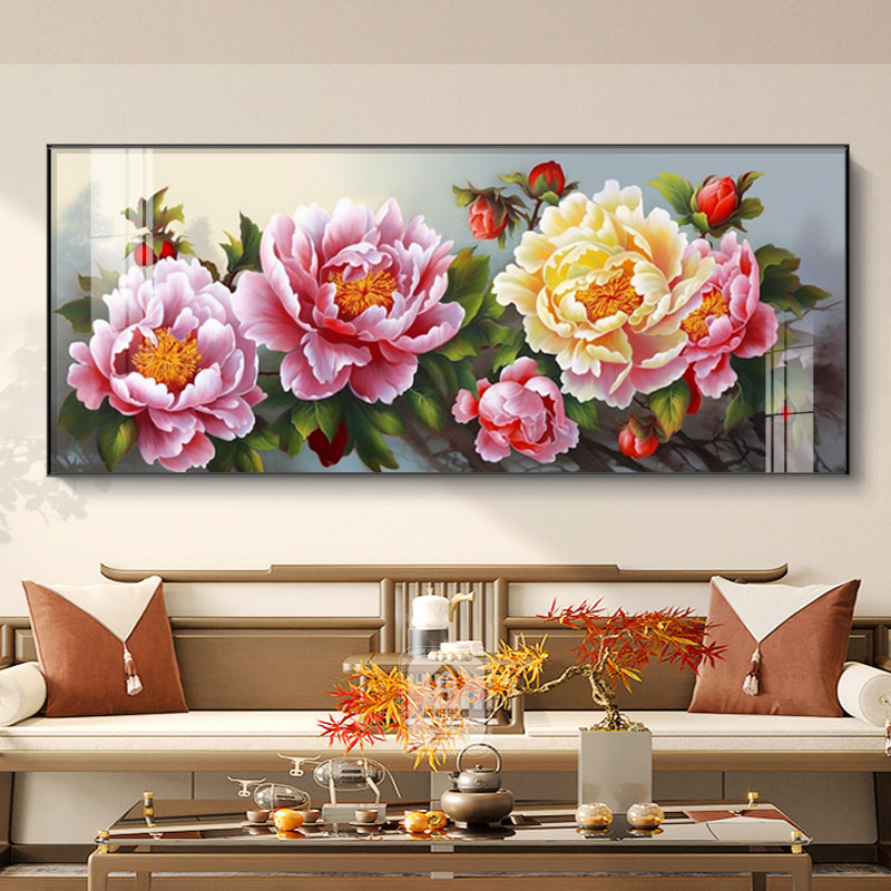 花开富贵装饰画客厅沙发背景墙挂画新中式牡丹花大幅横版晶瓷壁画