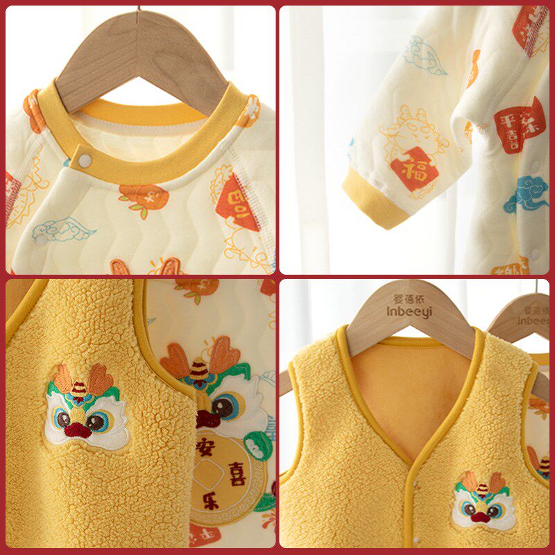 【3件】婴儿冬季保暖纯棉连体哈衣加绒马甲百天宝宝过年喜庆套装