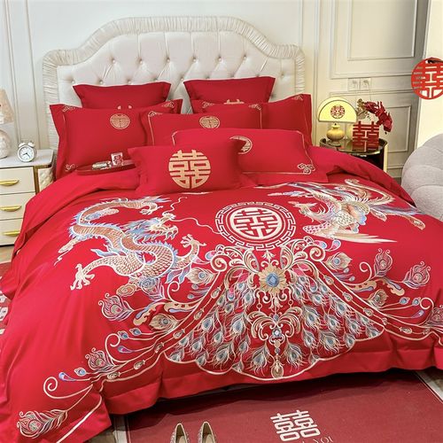 高档龙凤刺绣结婚四件套大红色新婚陪嫁被套纯棉婚庆床上用品婚房