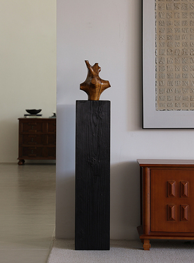 形上实木手工雕塑艺术摆件碳化木柱子底座民宿玄关楼梯转角黑墩子