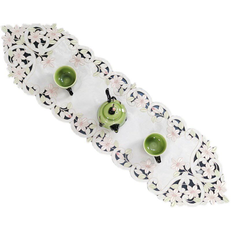 中式田园布艺绣花百合桌布茶几巾桌旗桌垫镂空盖巾国潮桌垫茶旗