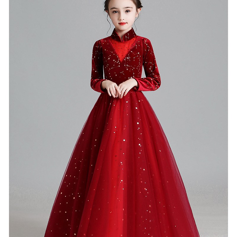 小女孩长袖红色高端主持人礼服公主裙蓬蓬纱裙花童生日钢琴表演服