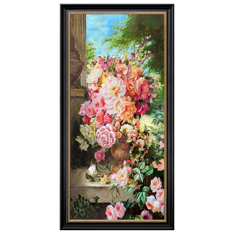 纯手绘油画美式玄关装饰画欧式过道竖版壁画客厅牡丹挂画花开富贵图片