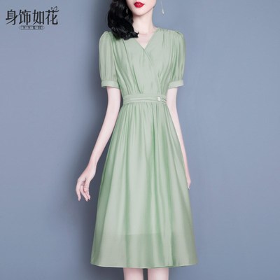 2024夏季新款淑女装修身显瘦气质名媛a字裙中长款短袖绿色连衣裙