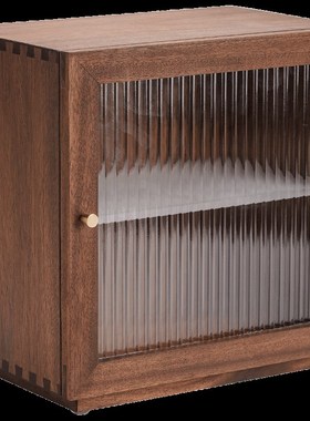 胡桃木小型桌面茶具防尘柜收纳柜创意带灯储物柜实木茶室展示柜