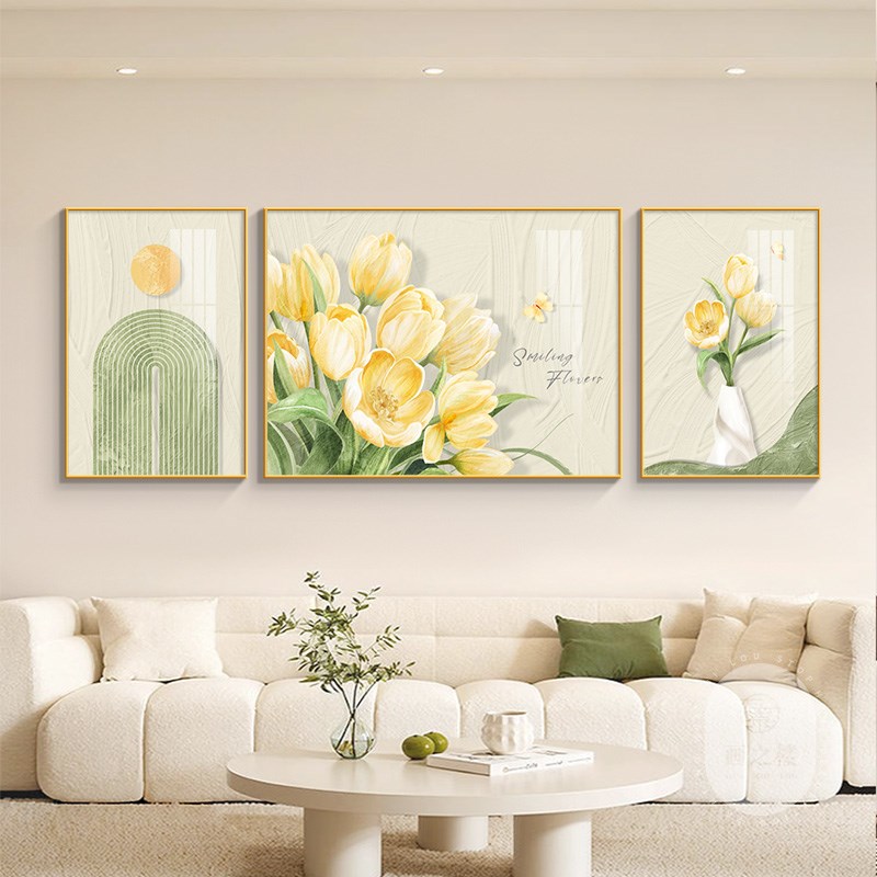 花开富贵客厅装饰画简约大气立体感花卉沙发背景墙挂画新款三联画图片