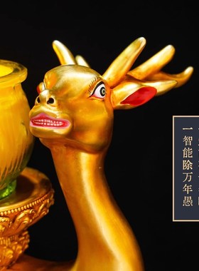 纯铜尼泊尔纯手工鎏金十寸一路献灯家用麋鹿酥油灯座装饰摆件一对