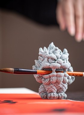 青砂瑞兽笔架石狮麒麟金蟾貔貅文房笔搁镇纸尺创意书房摆件装饰品