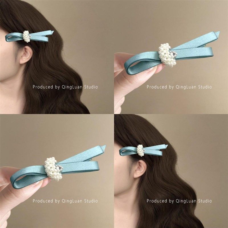 静谧胡泊蓝~珍珠碎钻蝴蝶结发夹轻奢优雅缎面飘带鸭嘴夹子盘发器
