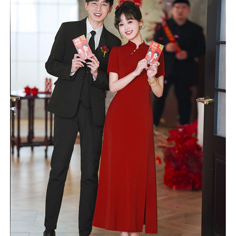 敬酒服新娘结婚红色旗袍订婚礼服裙女平时可穿秋冬短袖中式连衣裙