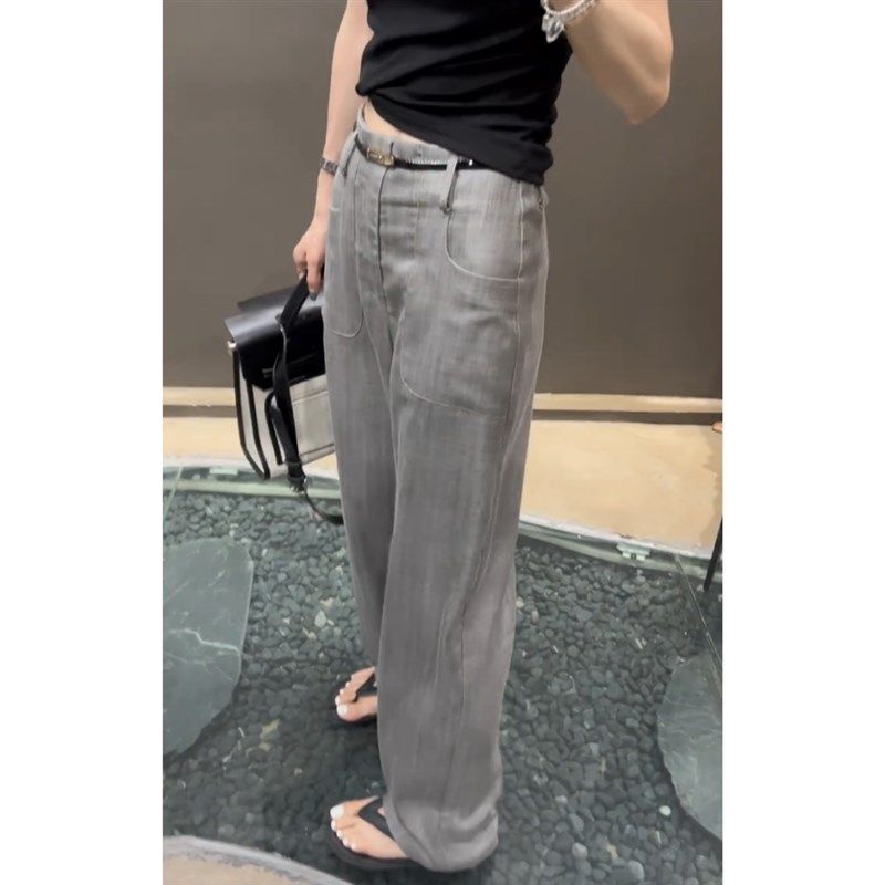 灰色阔腿休闲裤女2024年夏季薄款西装裤垂感宽松显瘦直筒长裤,女装/女士精品,大码裤装,淘宝优惠券,粉丝福利购,淘宝优惠卷