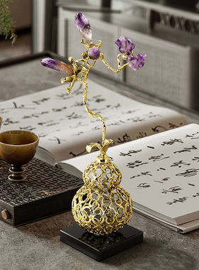 新中式轻奢锌合金葫芦晶石摆件客厅办公室玄关装饰品乔迁新居礼品