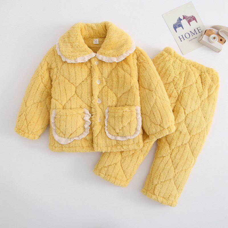 秋冬季儿童珊瑚绒睡衣女童加厚夹棉男童法兰绒宝宝小孩家居服套装