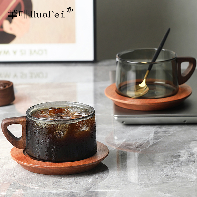 创意美式玻璃咖啡杯子高档精致胡桃木杯碟简约家用轻奢办公司水杯