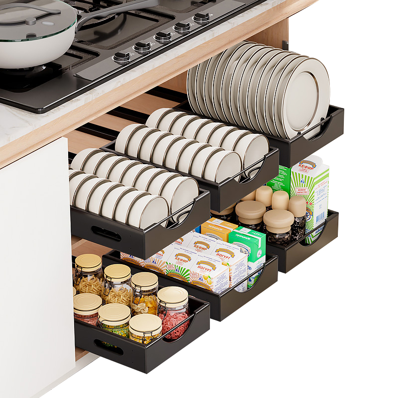 厨房碗碟收纳架橱柜内抽屉置物架免安装抽拉碗架拉篮放碗筷沥水架