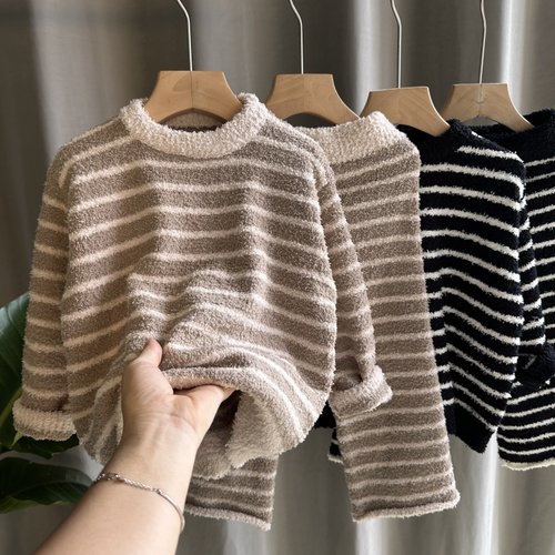 儿童睡衣套装2023冬季毛线衣男女童条纹半边绒家居服两件套毛线衣