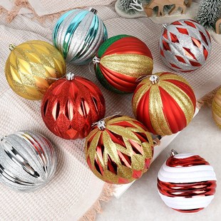饰吊饰彩球 20CM圣诞球塑胶球金银红彩绘格子PVC球美陈装