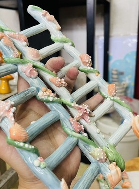 瓷蓓高温釉下彩定制手工陶瓷梯子鱼缸造景摆台件海洋水草海龟贝壳