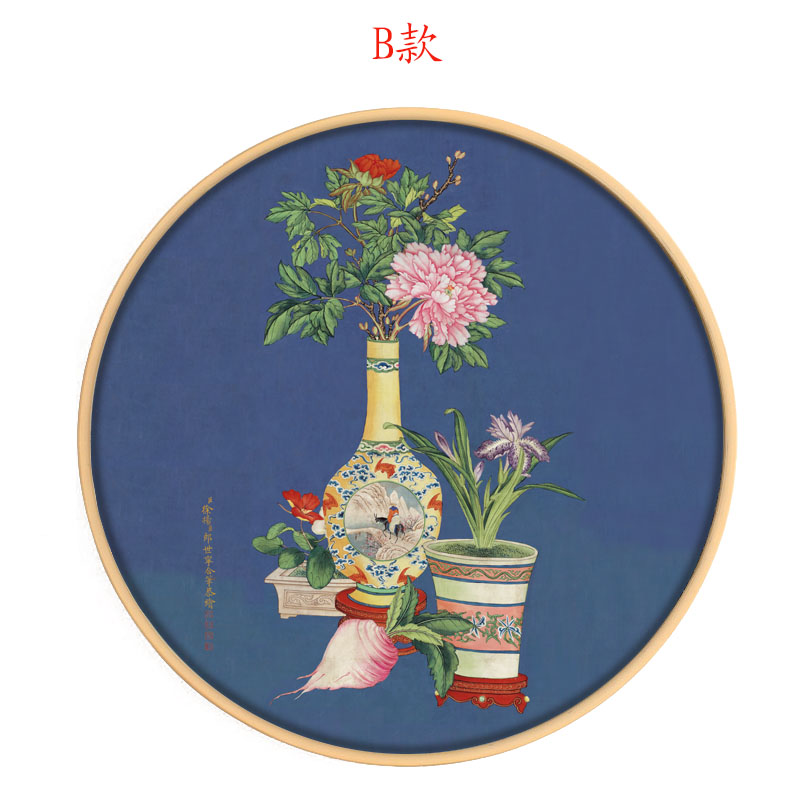 郎世宁平安富贵图牡丹花鸟装饰画客厅新中式玄关圆形装饰画复古图片