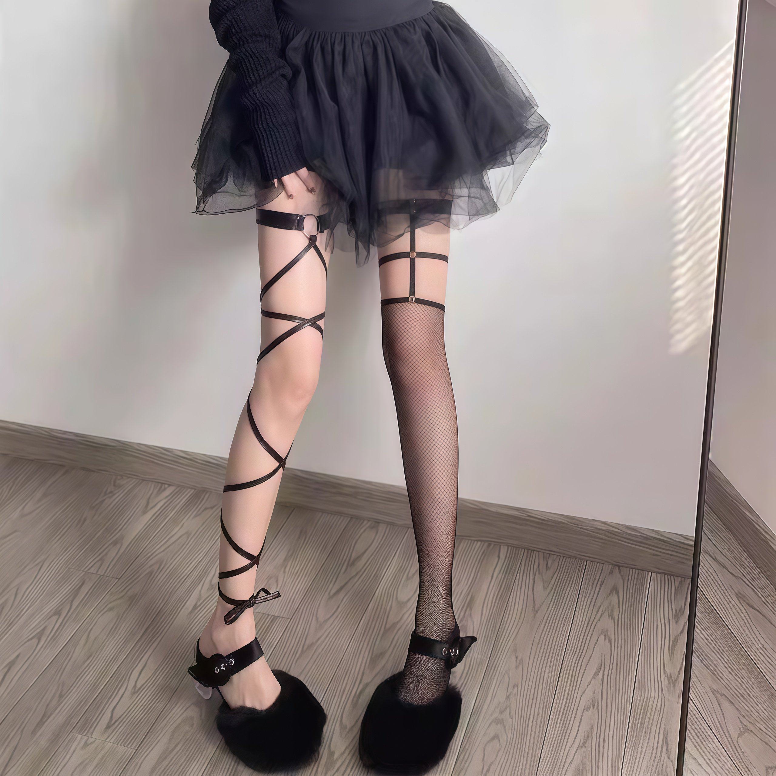 交叉绑带过膝袜夏季辣妹暗黑性感jk黑丝袜女显瘦系带腿环长筒袜,女士内衣/男士内衣/家居服,长筒袜,淘宝优惠券,粉丝福利购,淘宝优惠卷