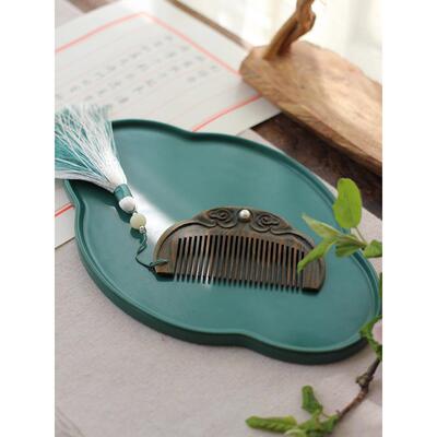 皎皎 中式国风及笄礼物定情信物雕花镶珍珠天然绿檀木梳子 刻字