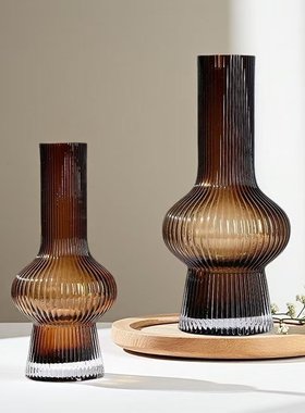 北欧轻奢网红条纹收口玻璃花瓶摆件客厅餐桌家居插花器室