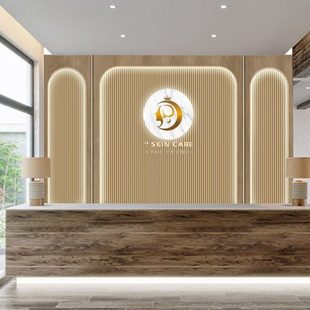 轻奢风木纹大理石墙纸3D立体理发店美容院logo定制前台背景墙壁纸