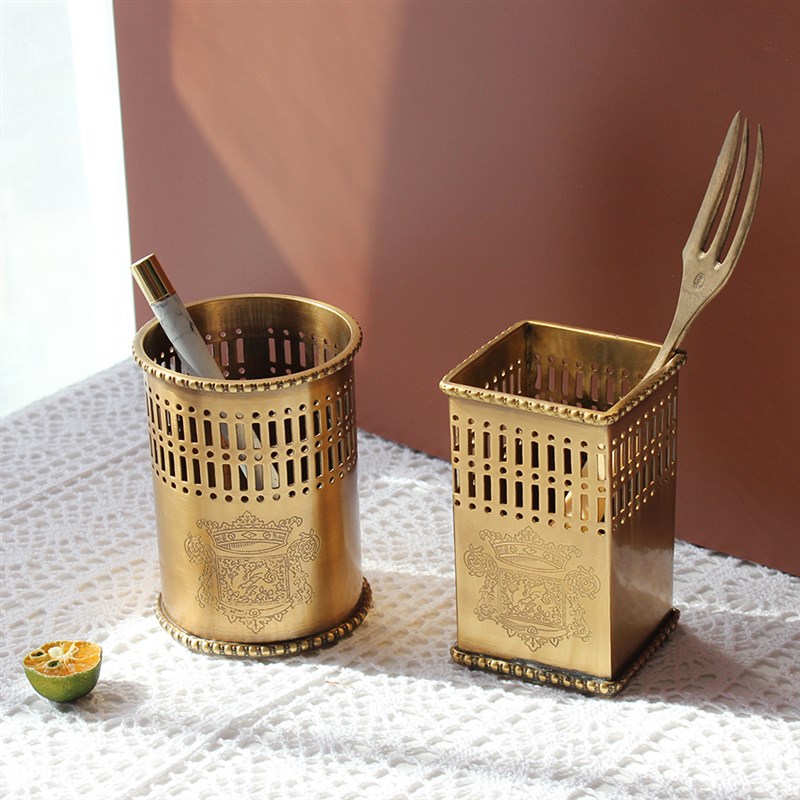 黄铜收纳笔筒印度进口o复古手工化妆刷毛笔整理桌面收纳罐高档个