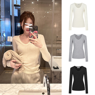 MosesQueen魔西女王v领针织打底衫 上衣 女春秋冬内搭掐腰显瘦长袖