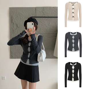 MosesQueen魔西女王蝴蝶结假两件长袖 女春秋设计感打底上衣 针织衫
