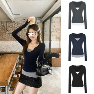 上衣 显瘦内搭打底衫 MosesQueen魔西女王假两件长袖 t恤女春秋修身